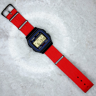 Casio F-91W Watch on a Red Ballistic Nylon Strap, F-91W-1YEF
