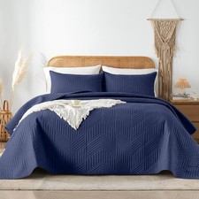 Queen Quilt Bedding Set,Navy Blue Ultrasonic Full/Queen Quilt Set Reversible Mic
