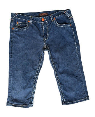 CREST Mädchen Capri Jeans Stretch Denim Blau Gr. 11/12 bestickt, mittl. Waschung