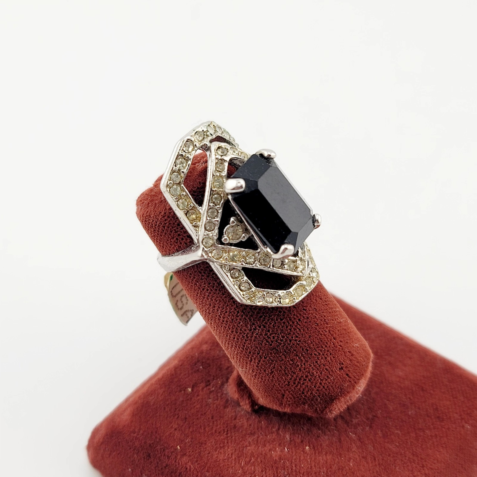 Vtg Ring Black Clear Rhinestones Long Art Deco Revival 1980-1990s Jewelry