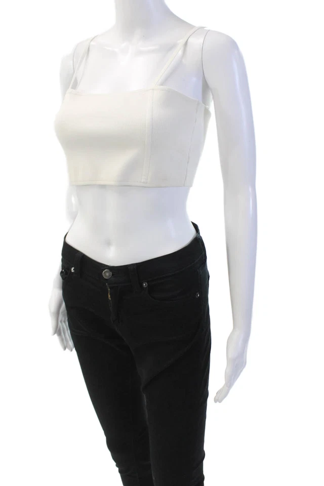 Top corto ajustado con correas de espagueti cuello cuadrado beige talla S ALC para mujer Foto 2 de 4