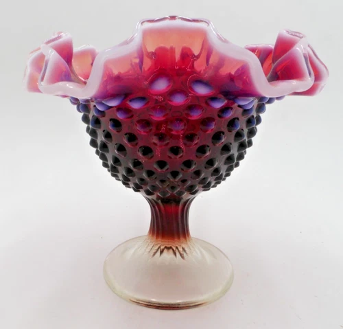 Fenton Art Glass Plum Opalescent Hobnail Ruffle Edge Pedestal Bowl Compote Dish