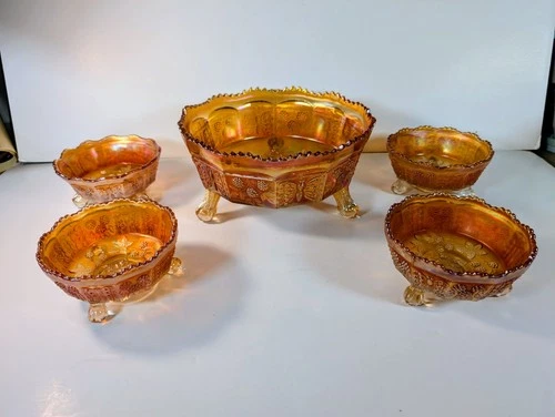 Antique Fenton, Carnival Glass, Berry Bowl set, Marigold Butterfly & Berry, 1911