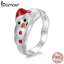 Bamoer Fashionable 925 Sterling Silver Christmas Snowman Ring Women Gift Jewelry