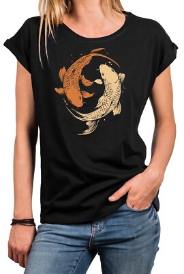 Damen T-Shirt mit Sushi Motiv Fische Yin Yang Meditation Top Spirituell Tunkia