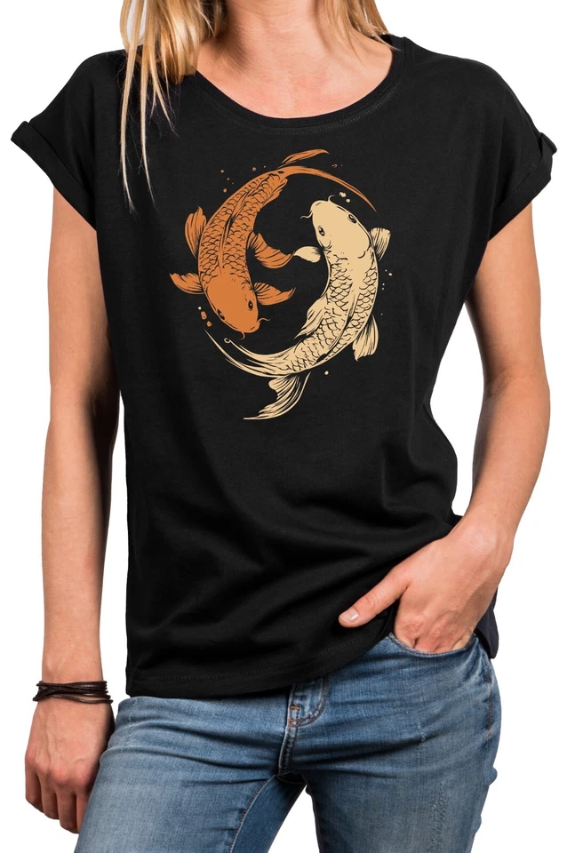 Damen T-Shirt mit Sushi Motiv Fische Yin Yang Meditation Top Spirituell Tunkia - Bild 1 von 1