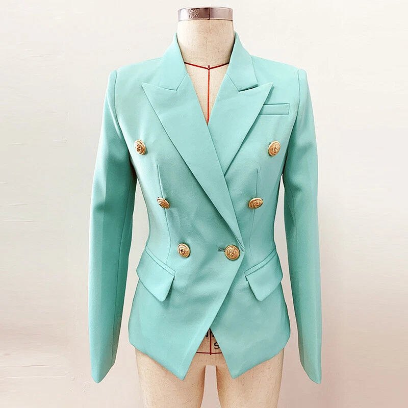 Women Fall Mint Green Blazer Double Breasted With Gold Buttons Slim Coat  Jacket