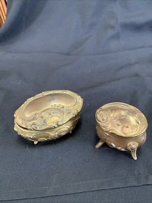 2 Lidded Pot Metal Trinket Jewelry Boxes  4'' & 2''  *one hinge is broken