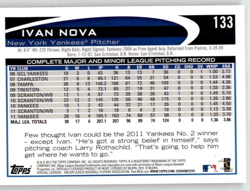 Tarjeta base Topps Ivan Nova 2012 MLB PWE Yankees #133 - Imagen 2 de 2