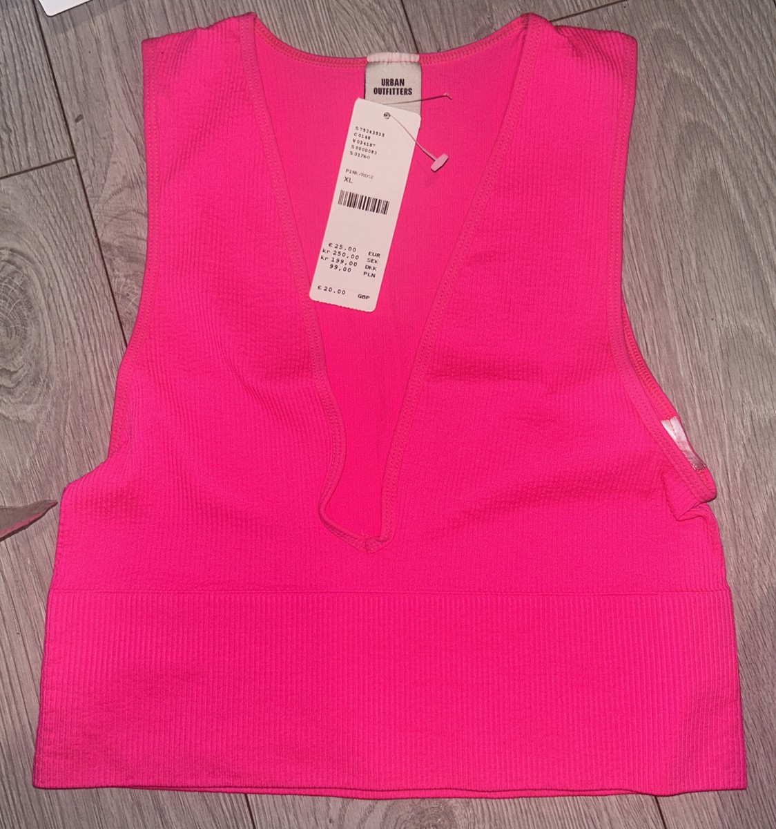 Urban Outfitters Josie Recycled Ribbed V-Neck Vest Top hot pink XL
