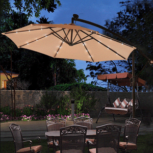 Lighted Patio Umbrella Solar Led Lights Umbrellas Hand Crank Tilt Steel Ribs Tan Ebay