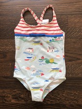 Mini Boden Girls 2-3 Swimsuit Red Stripes Beach Scene