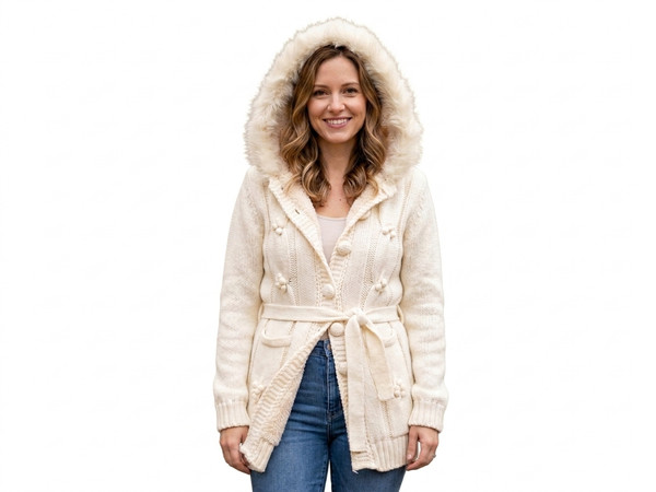 L·Style Cream Cable Knit Cardigan Coat Hooded Sherpa Lined Faux Fur L/XL