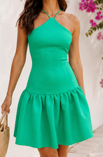 Asos Dress UK 8 Scuba Drop Waist Midi Green Occasion Thin Spaghetti Strap Women