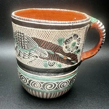 Vintage Mexican Folk Art Tonala Tlaquepaque Petatillo Style Coffee Mug Cup