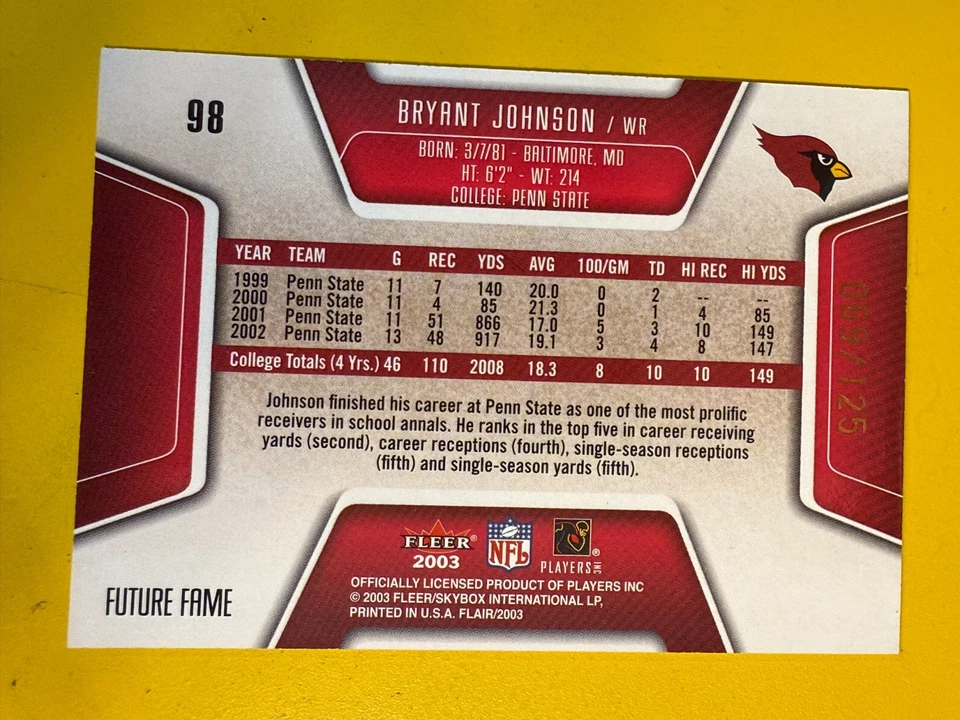 67967 	2003 Flair Collection #98 Bryant Johnson CARDINALS RC 69/125 BK$10 - Image 2 of 3