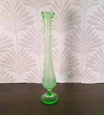 Green Glass Decorative Art Bud Vase, Narrow Neck Flared Rim, 9 in Tall