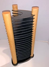 Vintage Wood (Teak?) & Black Plastic 20 CD Disc Tower Holder