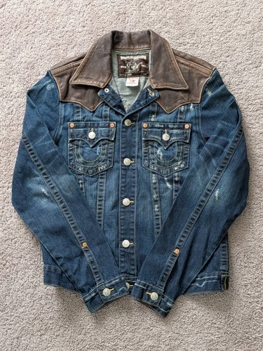 True Religion Jimmy Western Denim Jacket Men Large Genuine Leather Collar & Yoke - product listing photo