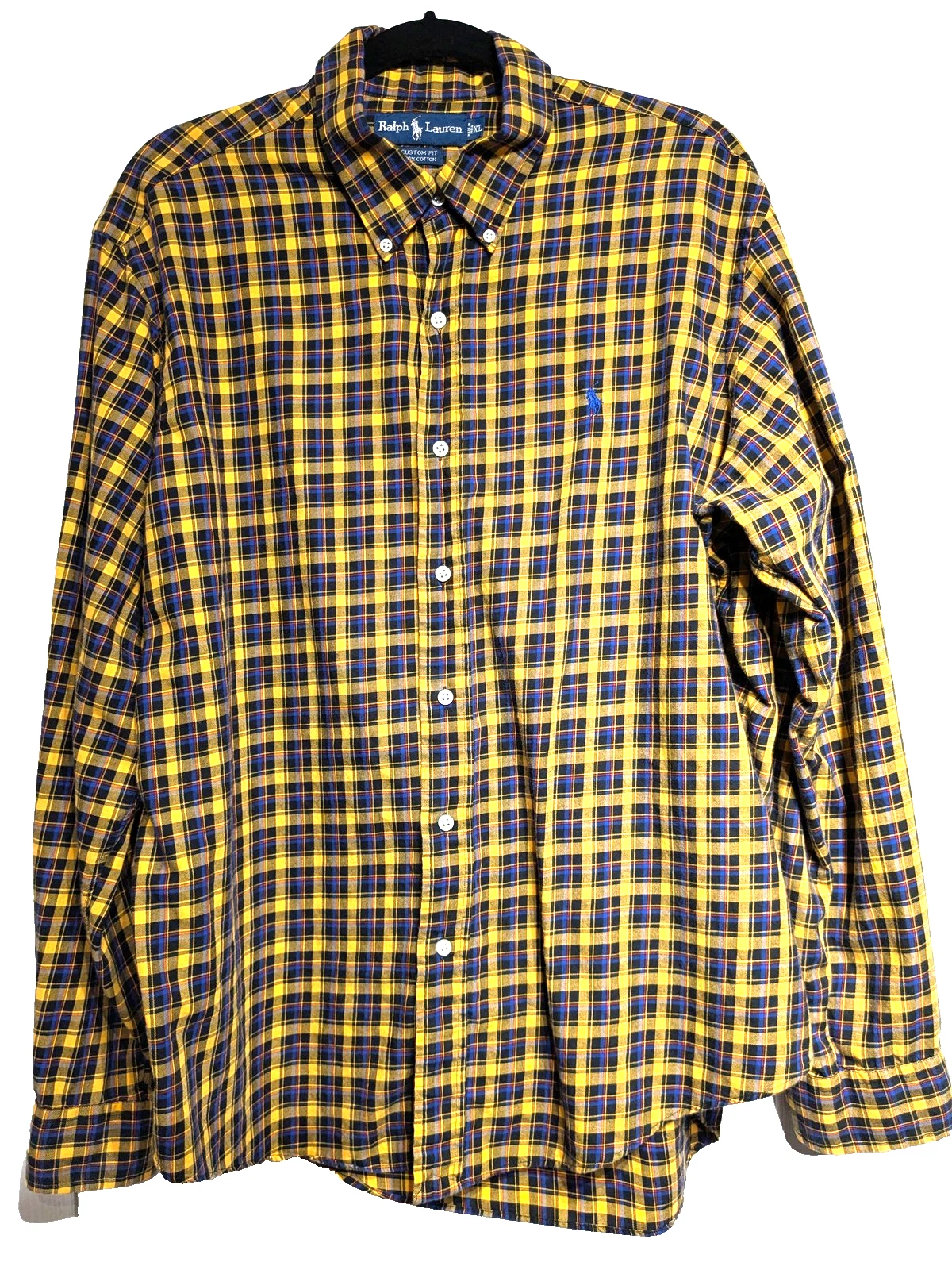 Ralph Lauren Shirt Mens XL Yellow Blue Plaid Button Down Custom Fit Long Sleeve
