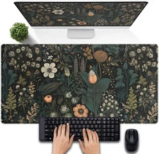 Dark Flower Desk Mat Floral Plants Mouse Pad, Aesthetic Wildflowers Large Gam...