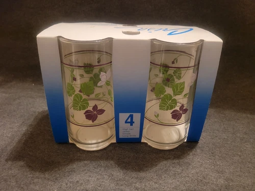 Set of 4 Crisa Purple & White Flower High Ball Drinking Glasses, New in Box, 6"T