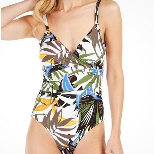 Traje de baño de una pieza CALVIN KLEIN con cuello en V delantero torcido control abdominal tropical nuevo sin etiquetas 16 - Imagen 9 de 11