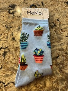 NWT Ladies MEMOI Blue Bamboo Blend Novelty Crew Socks, Succulents , sz 9-11