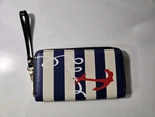 Womens Wristlet Wallet Nautical Anchor Clutch Blue Ivory Red Stripe 8x4.5 Inch
