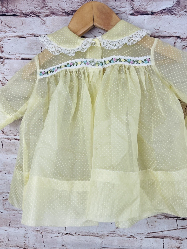 Conjunto de Vestido de Bebé Vintage Primavera Swiss Dots Amarillo Transparente Encaje Cinta Floral LEER Foto 2 de 4