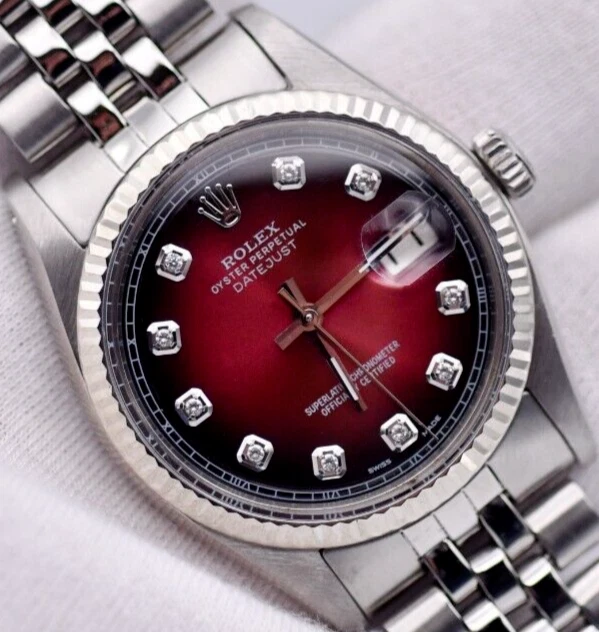 Rolex Datejust 36 mm viñeta roja esfera diamante reloj 1601 acero/oro 18 quilates jubileo