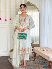 Indian Women Viscose Chanderi Kurti Pant Set Party Wedding Wear Salwar Kameez