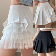 Faldas plisadas asimétricas para mujer malla retazos cintura alta línea A preppy