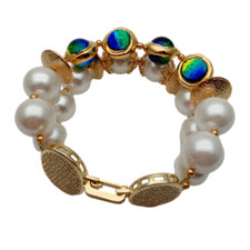 2 Rows White Sea Shell Pearl Blue Murano Glass Bracelet 8" Girlfriend Gift
