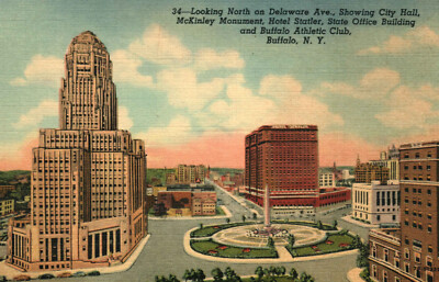 Postcard City Hall Delaware Ave Hotel Statler McKinley Monument Buffalo NY