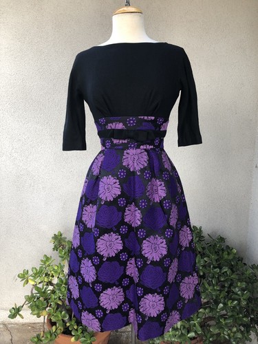 Vtg 70s Cocktail Dress Limited Editions By Elliette Floral Black Purple SM - Picture 4 of 11