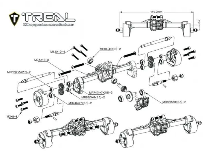 TREAL 1/18 TRX 4M Portal Axle Complete Rear Kit w/Brass Covers Aluminum
