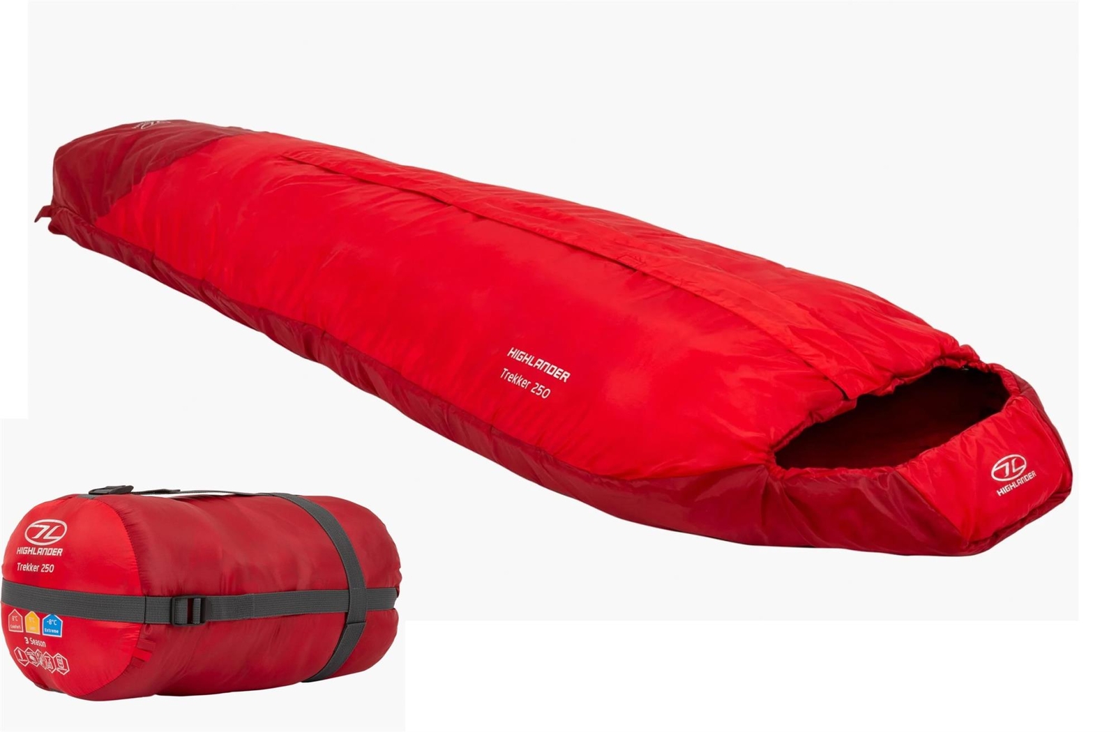 Highlander Trekker 250 Sleeping Bag Superlite Mummy 3 Season Red Travel Bag