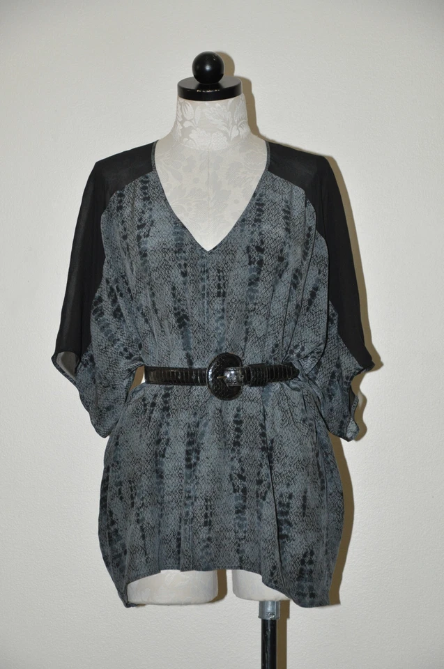 Blusa Top Mujer Eileen Fisher Gris Negro Bloques de Color Seda Transparente Estampado Animal XL Foto 2 de 4