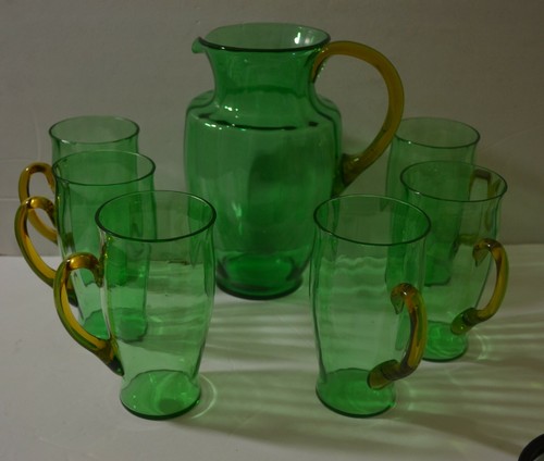 STEUBEN POMONA GREEN VASELINE GLASS LEMONADE SET # 6232 PITCHER WITH SIX CUPS - Picture 2 of 12