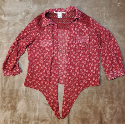 American Rag Cover Up Shirt Red Floral Tie Front Lace Back Women M Medium 