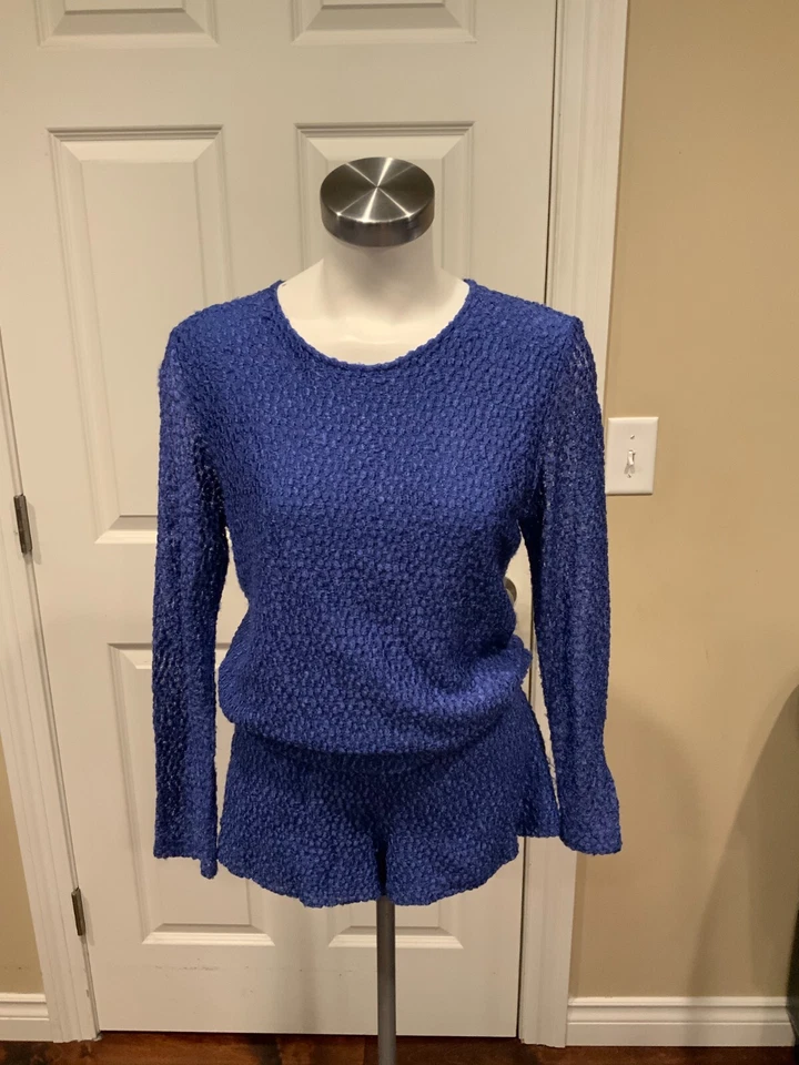 Alexis Jaylin Blue Textured Long Sleeve Romper, Size Medium - Image 2 of 4