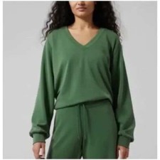 Athleta WIillow  V-Neck Sweatshirt Kelly Green Womens Large Pullover Fleece