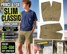 Prince Fox Boys Slim Classic Chino Shorts Olive Green Size 27 Cotton Stretch