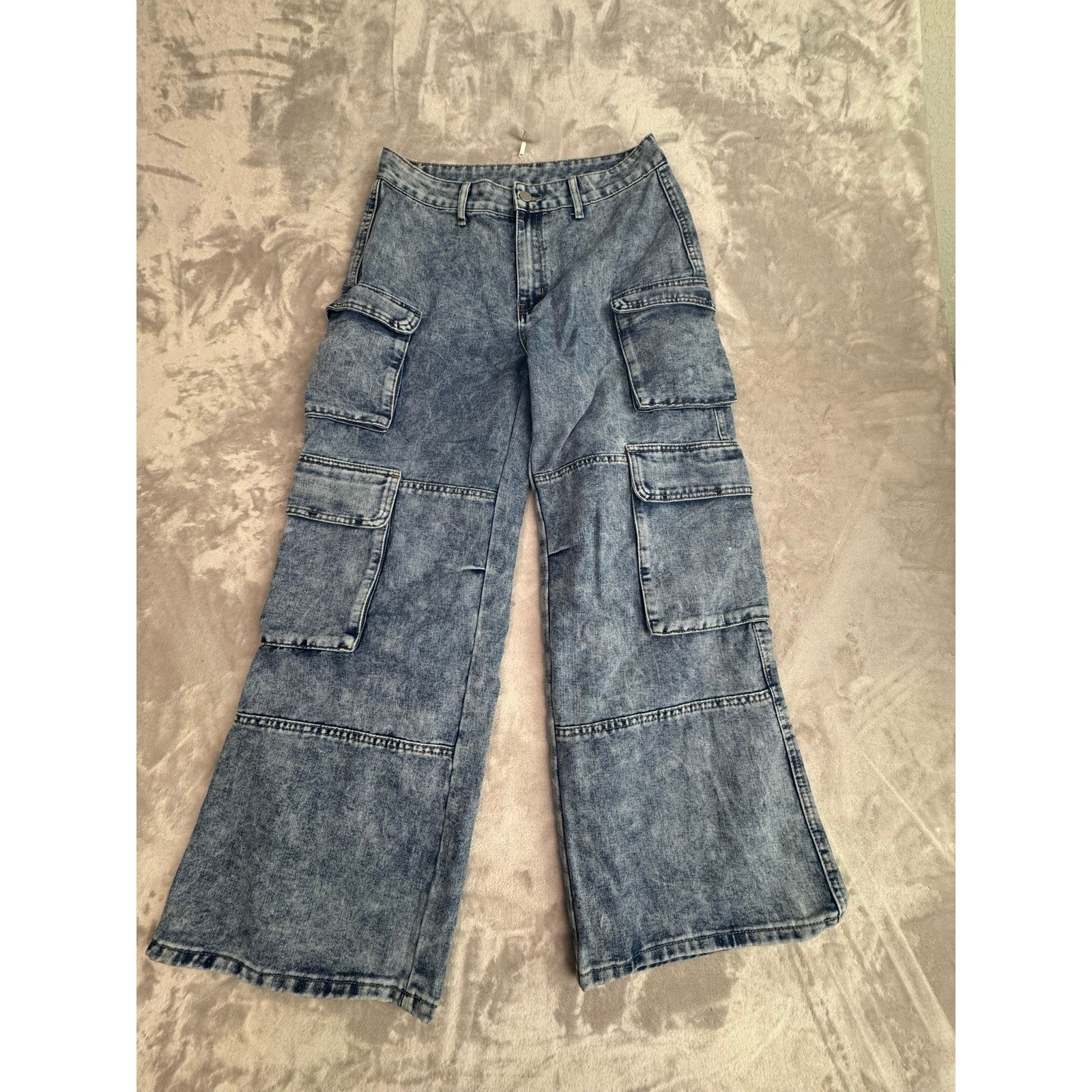 Womens Wide Leg Acid Wash Cargo Jeans Size 32 Unbranded