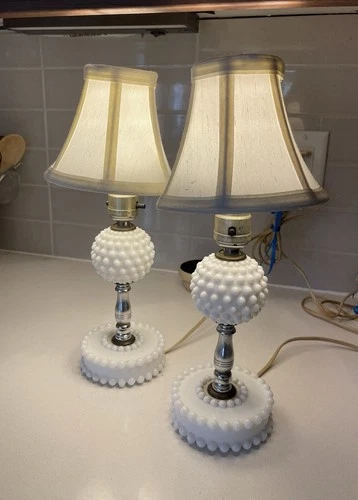 2 Vintage Small White Milk Glass Hobnail Bedroom Boudoir Table Lamps Cottage