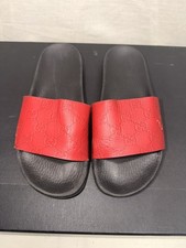 Gucci Women Hibiscus Red Leather GG Signature Slides Size EU 37/US 6