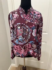 CITRON Santa Monica Asian Art-to-wear Long Sleeve Blouse Silk & Linen Collar M