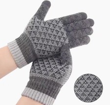 Geometric Knit Touchscreen Gloves, Warm Wrist Length, Unisex, Grey
