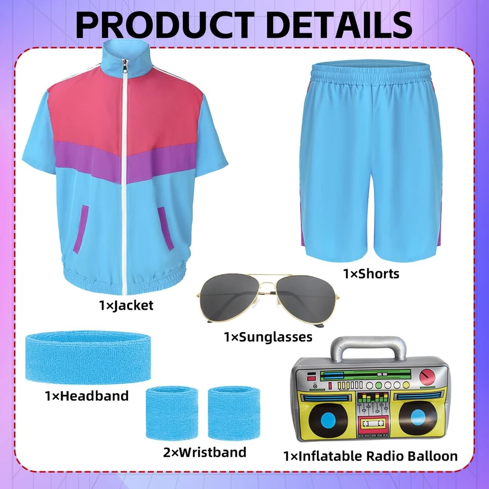 80 年代男式 90 年代田径套装男式复古色块短袖夹克... — 第 4/4 张图片